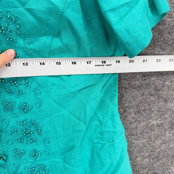 Karen Stevens Dress Women 10P Petite Blue Shift Midi Rhinestone Button Linen - Picture 4 of 6